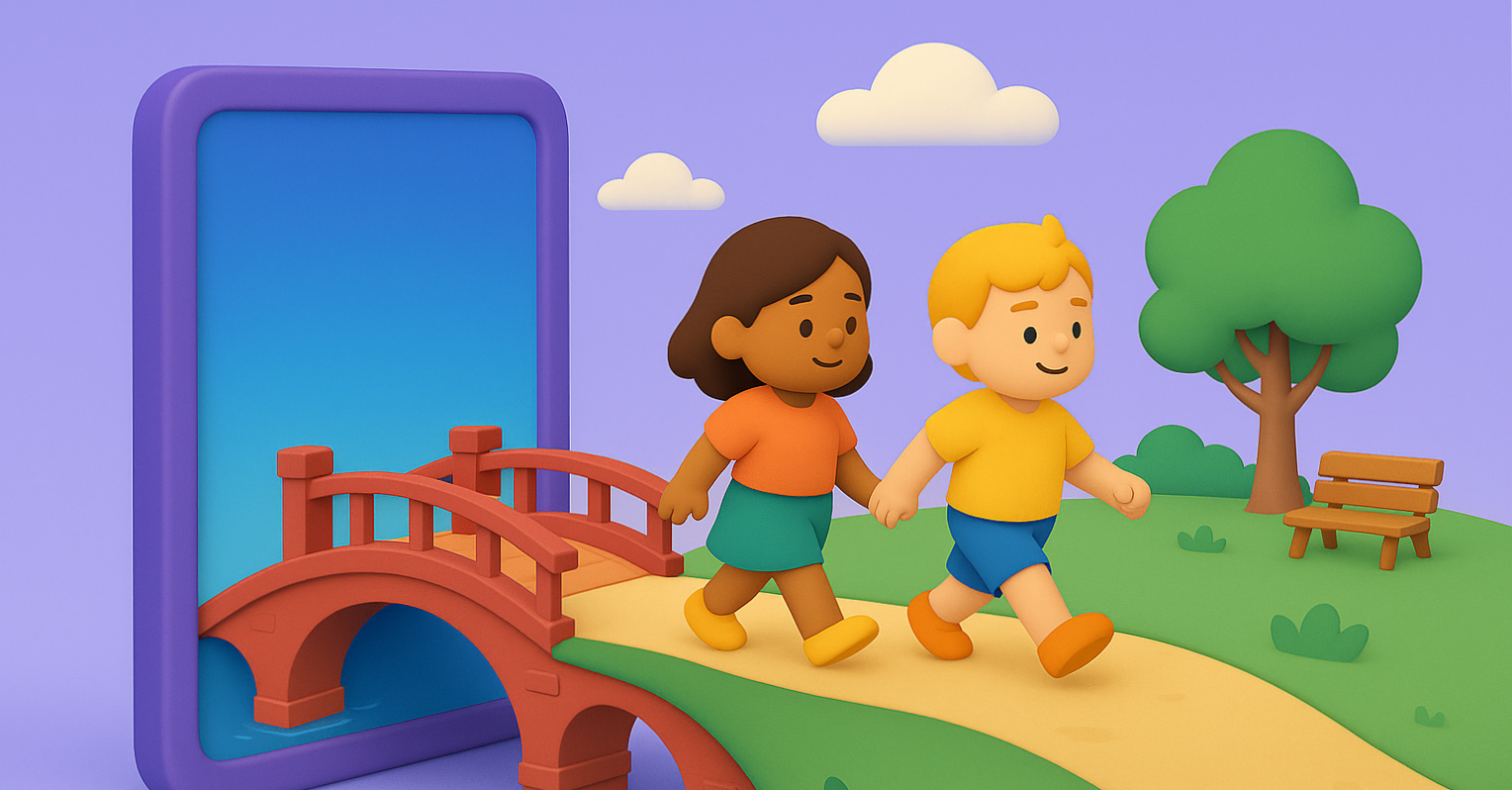Illustration of two kids walking hand-in-hand from a digital screen into a park scene, symbolizing the connection between online and offline learning and play.