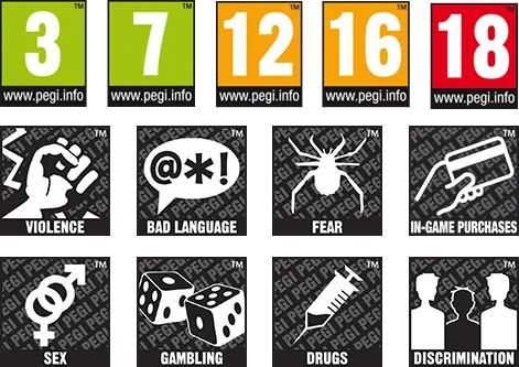 PEGI game rating icons for ages 3, 7, 12, 16, and 18, along with content warnings for violence, bad language, fear, in-game purchases, sex, gambling, drugs, and discrimination.