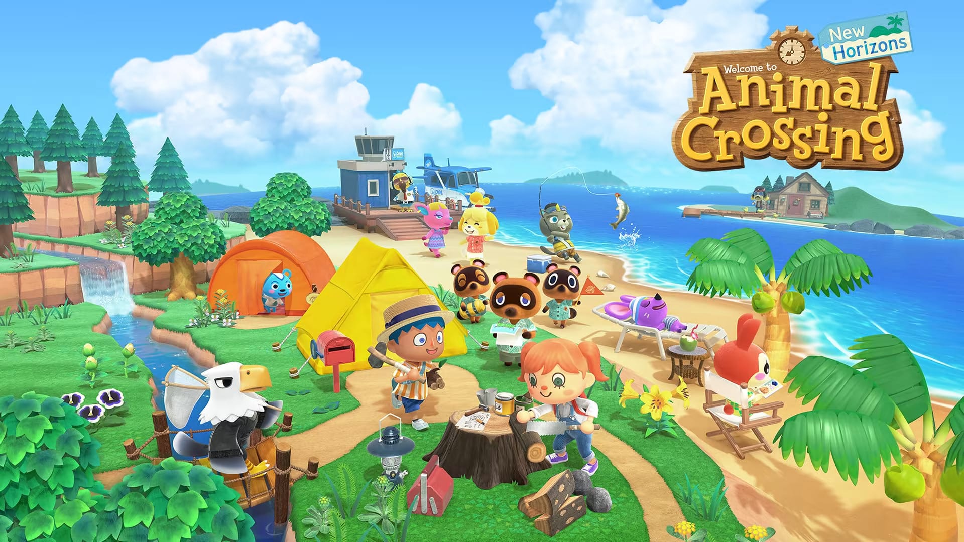 Screenshot from Animal Crossing: New Horizons featuring animal characters and players on an island, highlighting co-play, financial literacy, and decision-making for kids.