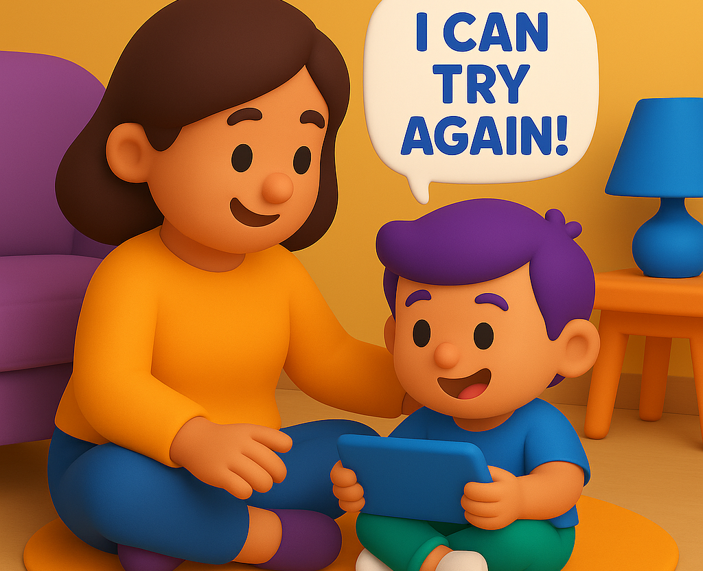 A kid holding a tablet and saying “I can try again!” while sitting with a supportive adult, modeling growth mindset and positive self-talk through digital play.