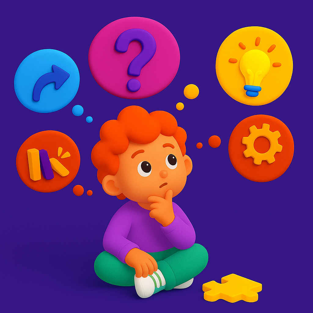 A curious kid surrounded by icons like a question mark, light bulb, and puzzle piece, representing early critical thinking, curiosity, and problem-solving in childhood.