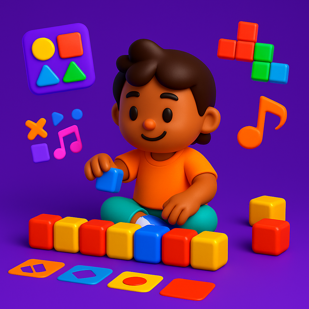 A kid playing with colorful blocks and shape cards, surrounded by visual patterns, representing early logic, spatial awareness, and pattern recognition skills.