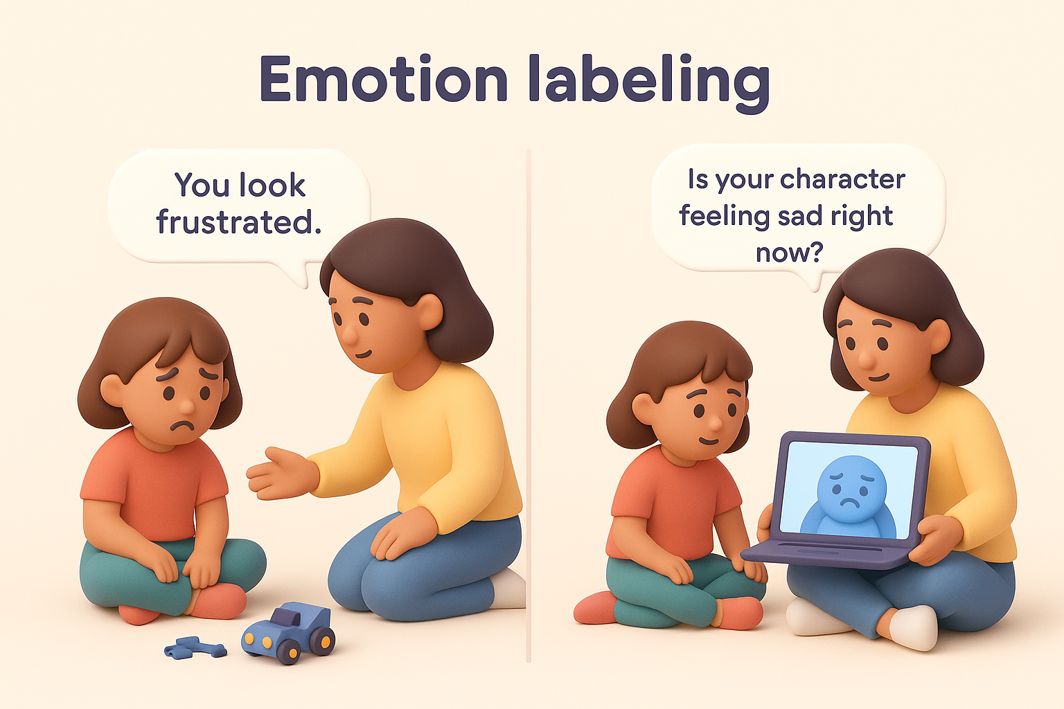 Split-screen illustration showing a caregiver helping a kid label emotions during play and again while watching a sad character on a tablet, demonstrating emotional labeling on- and off-screen.