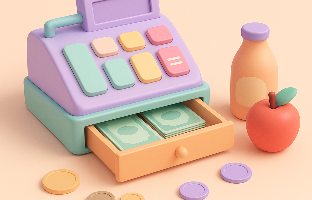 Colorful toy cash register with play money, fruit, and coins, illustrating how pretend play supports kids’ early financial literacy and money skills.