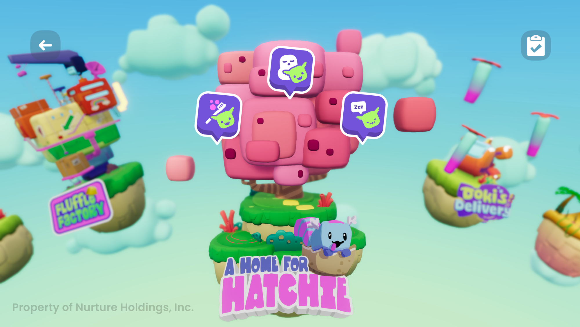 Screenshot from the Nurture app showing colorful floating islands labeled with in-game adventures like “A Home for Hatchie,” designed to build kids’ logic, habits, and emotional skills through digital play.