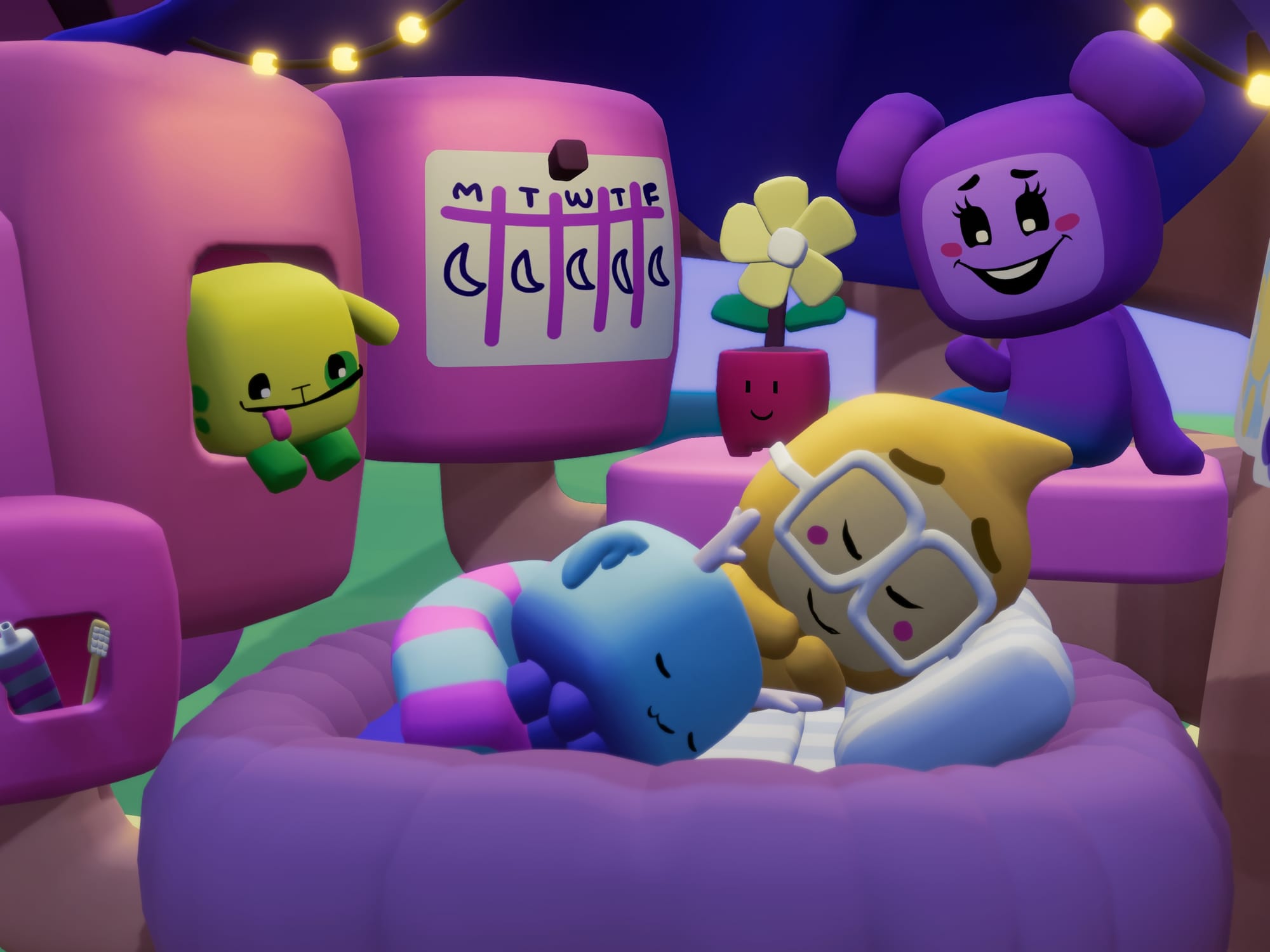 Scene from Nurture’s in-game world showing characters modeling empathy and bedtime routines, designed to help kids practice emotional regulation and compassionate decision-making.