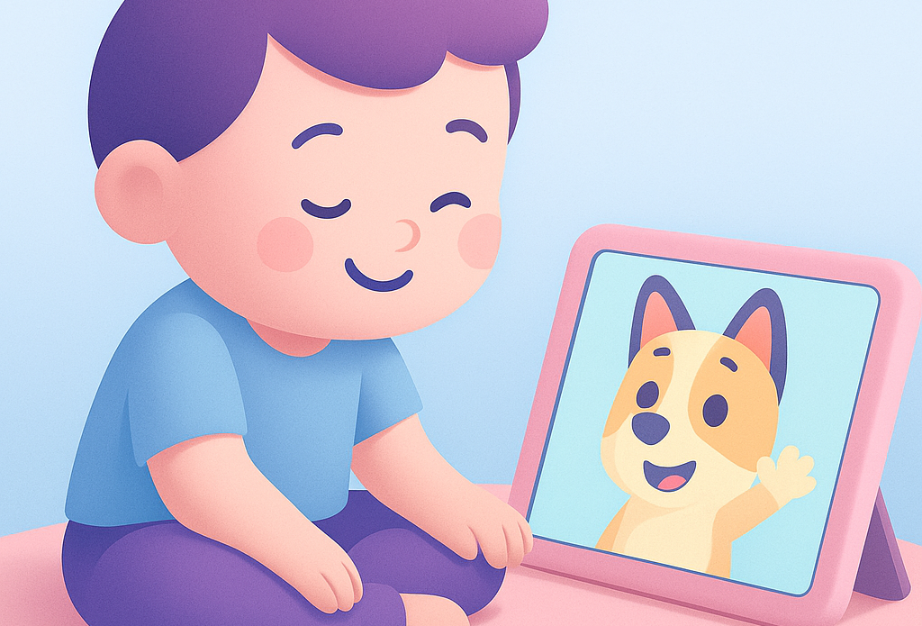 A kid smiling at a dog character on a tablet screen, modeling emotional connection and empathy through digital interaction.