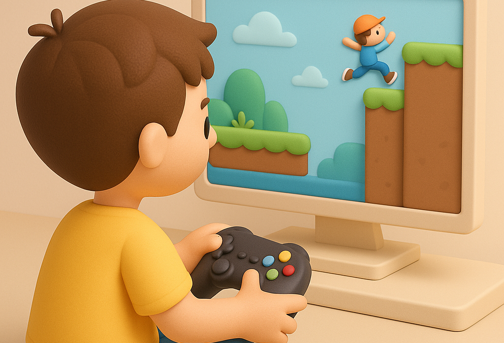 A kid playing a video game on a computer, guiding a character who repeatedly jumps and fails, representing persistence and growth mindset through digital play.