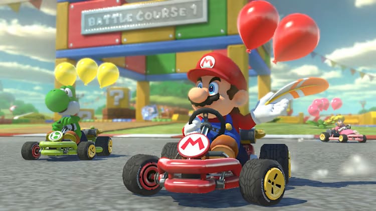 Screenshot from Mario Kart showing Mario racing with balloons in battle mode, illustrating how kids build timing, strategy, and decision-making skills through gameplay.