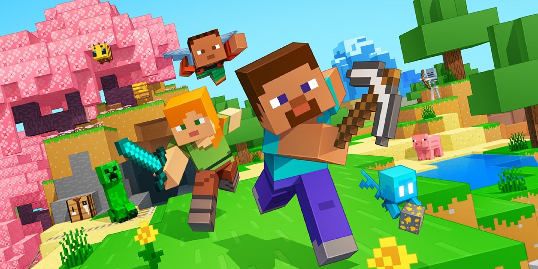 Promotional image of Minecraft characters exploring and building in a colorful block world, representing creativity, problem-solving, and critical thinking for kids.