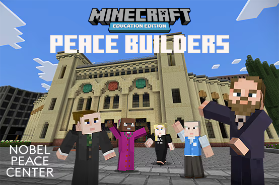 Screenshot from Minecraft: Education Edition’s Peace Builders world, featuring characters outside the Nobel Peace Center to teach kids empathy, cooperation, and conflict resolution.