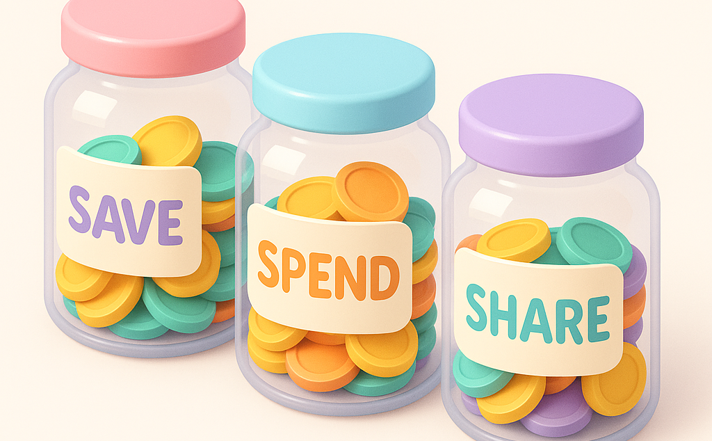 Three labeled jars for kids’ money management: one for saving, one for spending, and one for sharing — a foundational approach to teaching financial literacy.