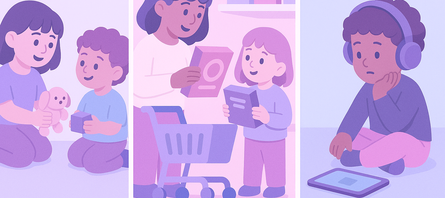 Three scenes of kids practicing critical thinking: playing with a doll, helping choose a product at the store, and reflecting while using a tablet.