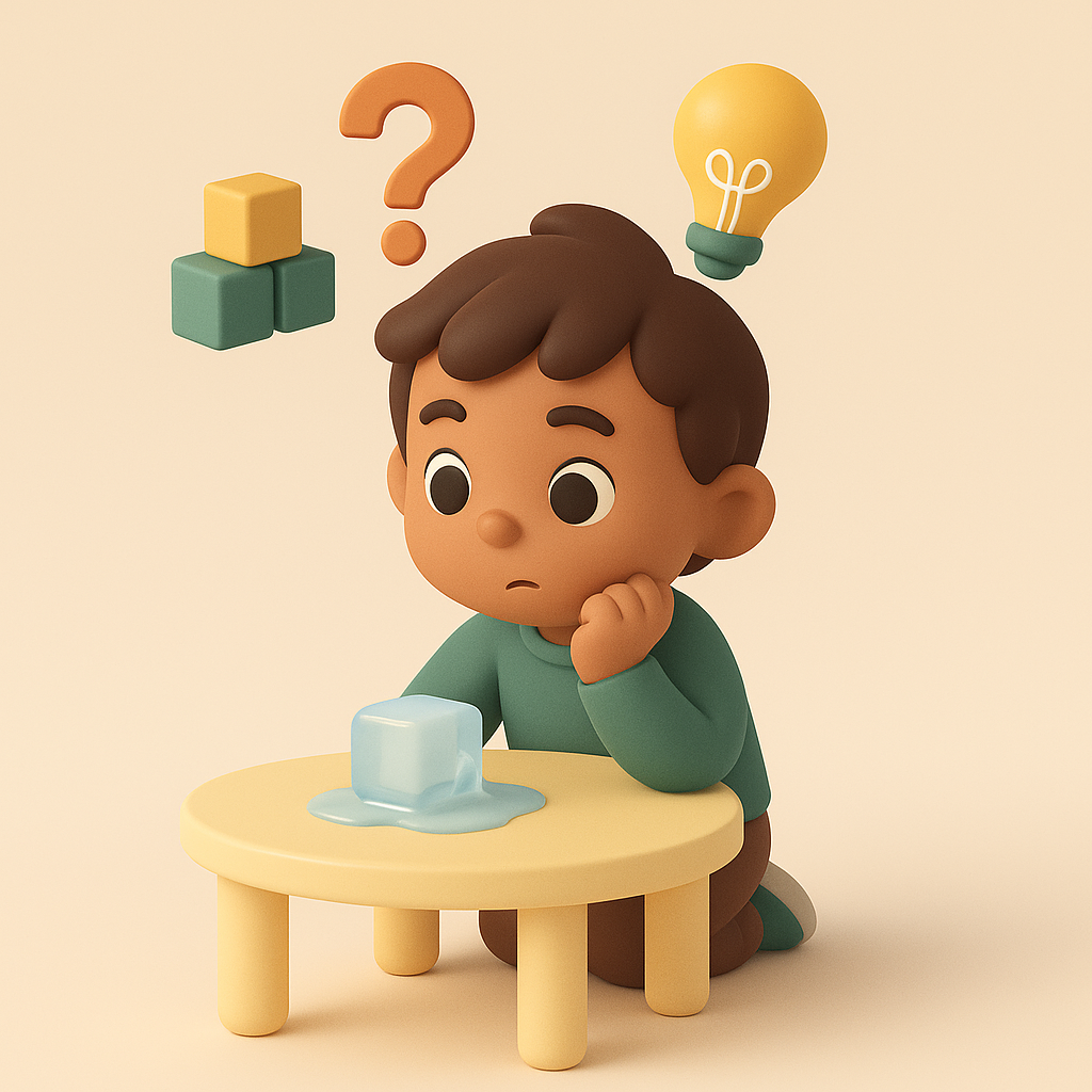A kid sitting at a table, thinking critically while looking at a melting ice cube, with question mark and lightbulb icons floating above.
