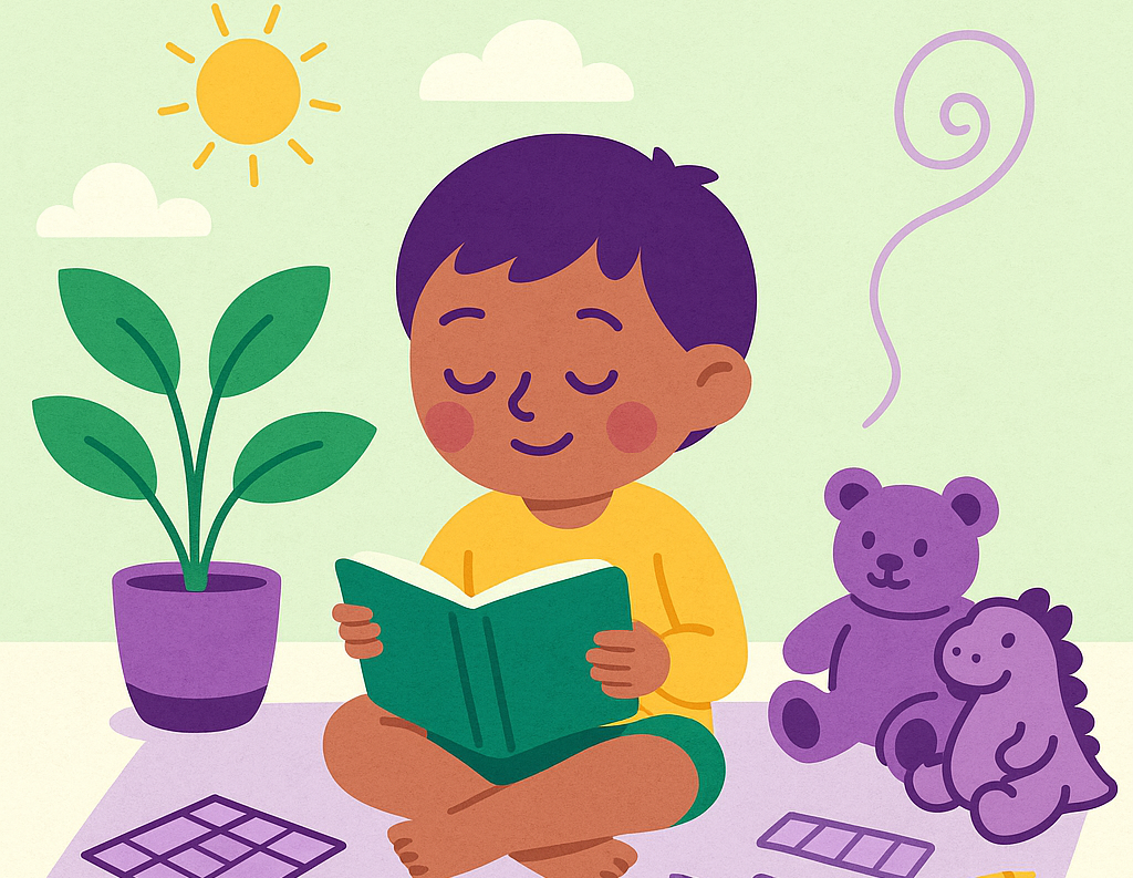 Child peacefully reading a book on the floor during serene time, surrounded by toys and soft lighting to support calm, independent play.