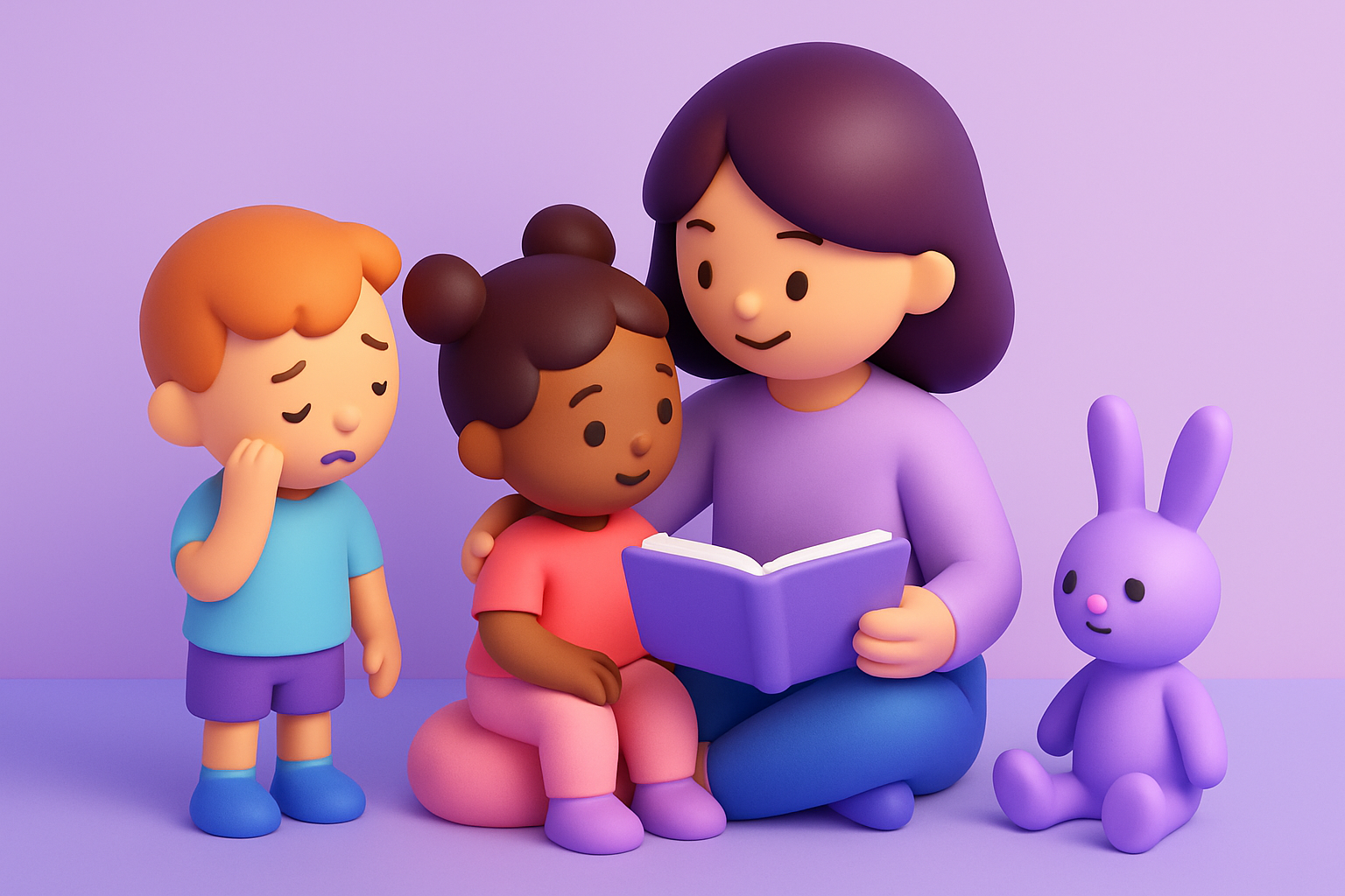A caregiver reading a book to two young children during story time, supporting empathy and social-emotional learning.