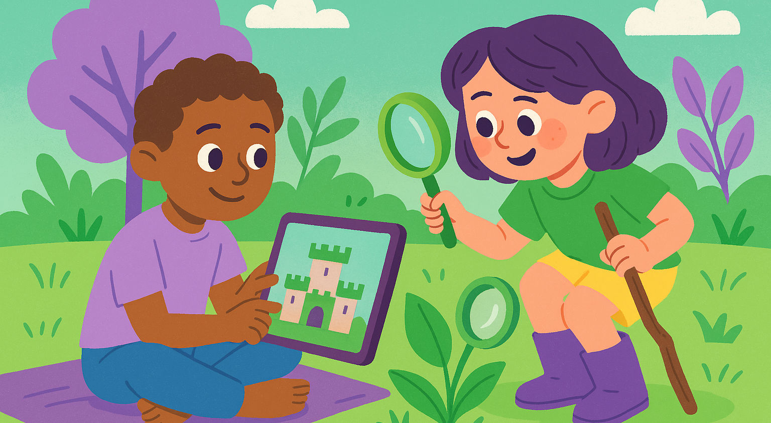 Two kids exploring nature, one using a tablet and the other with a magnifying glass, representing a balanced screen time routine during summer.