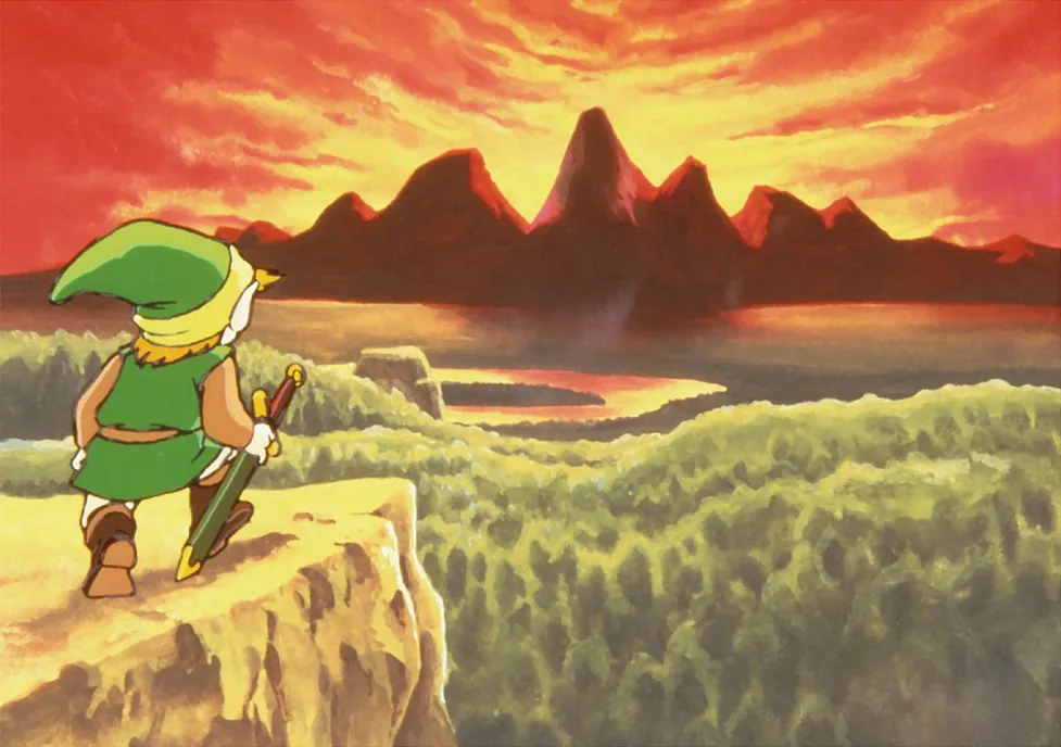 Link contemplando Hyrule, arte de The Legend of Zelda (1986)