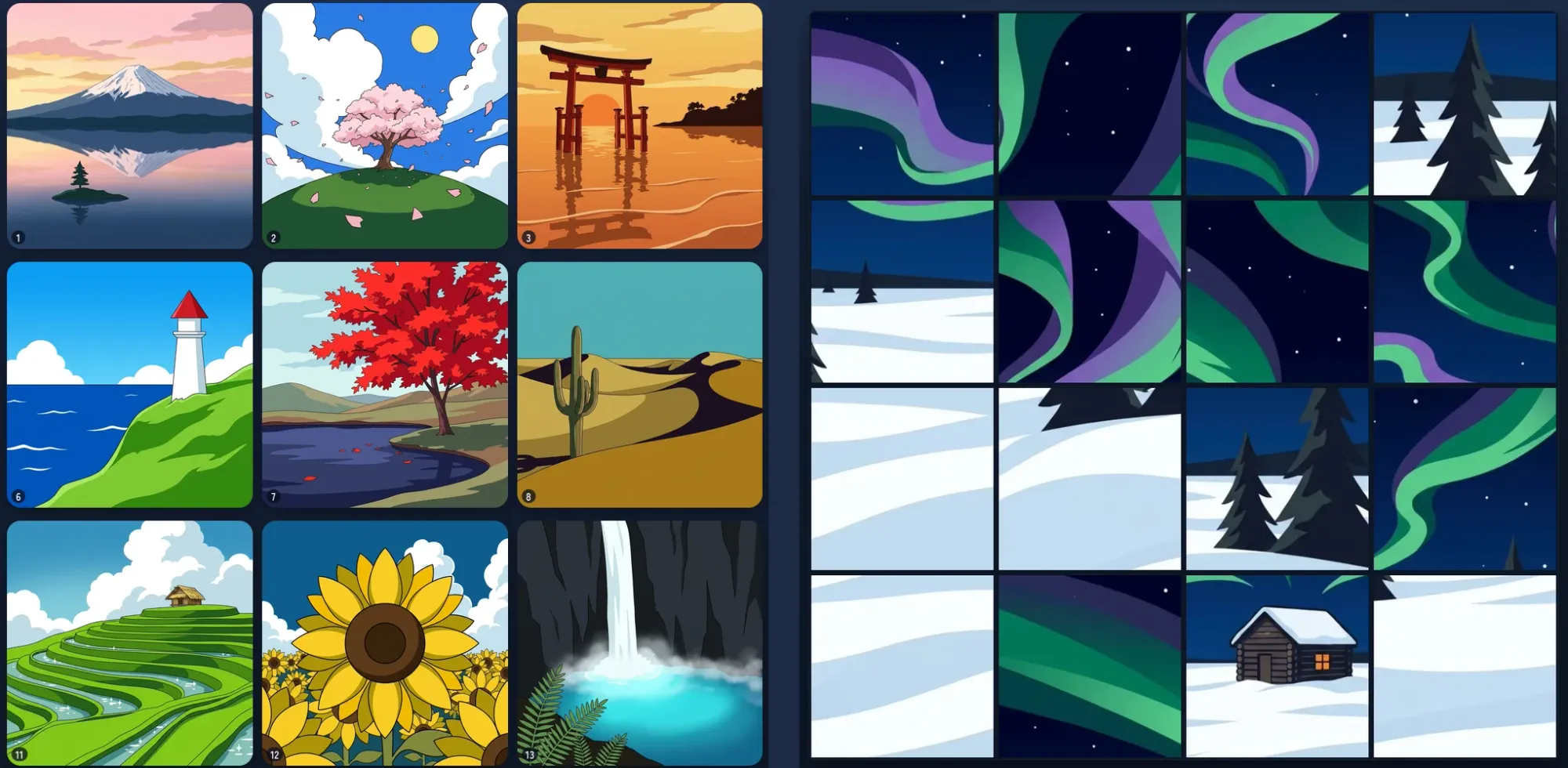 The level menu and the puzzle screen of SBT Jigsaw, side by side
