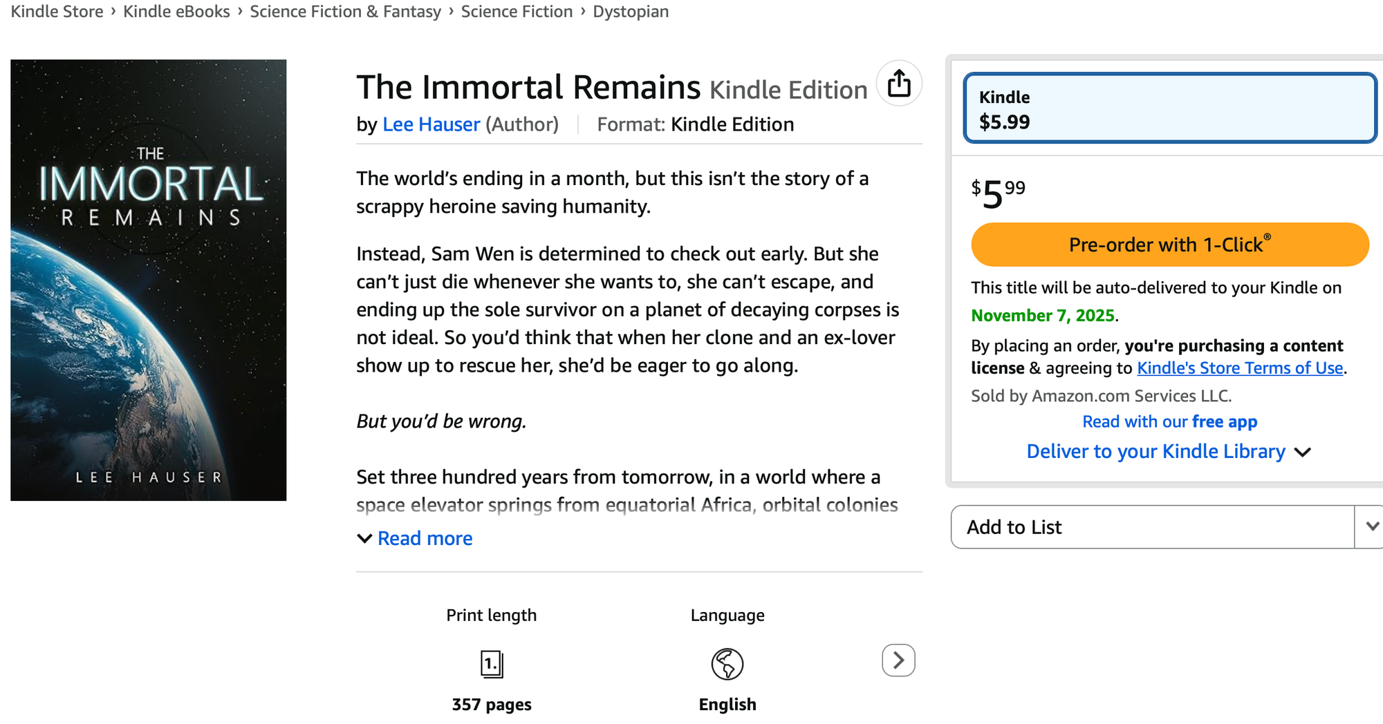 A screenshot of the Amazon book page for the author's novel, The Immortal Remains