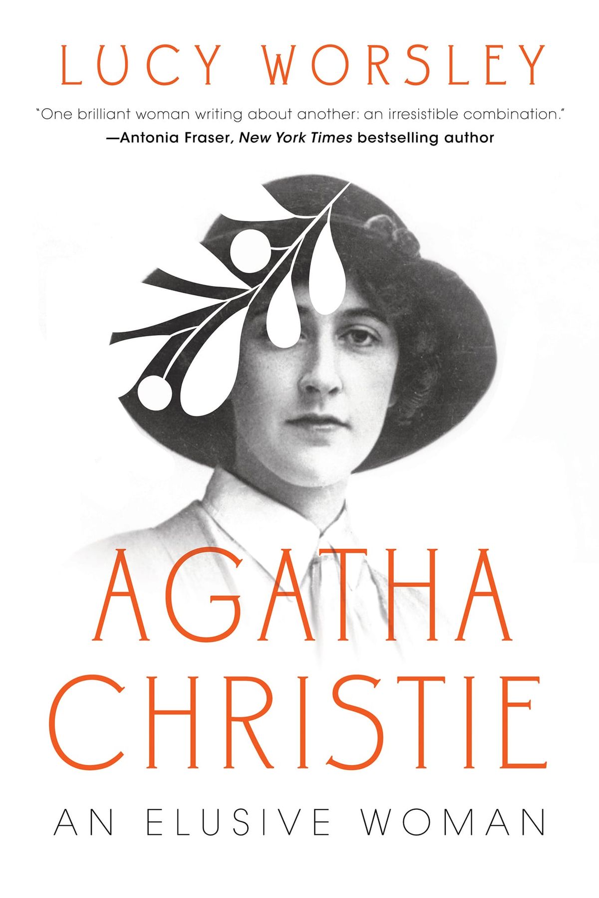 The cover to Lucy Worsley's Agatha Christie, An Elusive Woman. The image shows the title and author, along with an image of Christie, perhaps in her 20s.