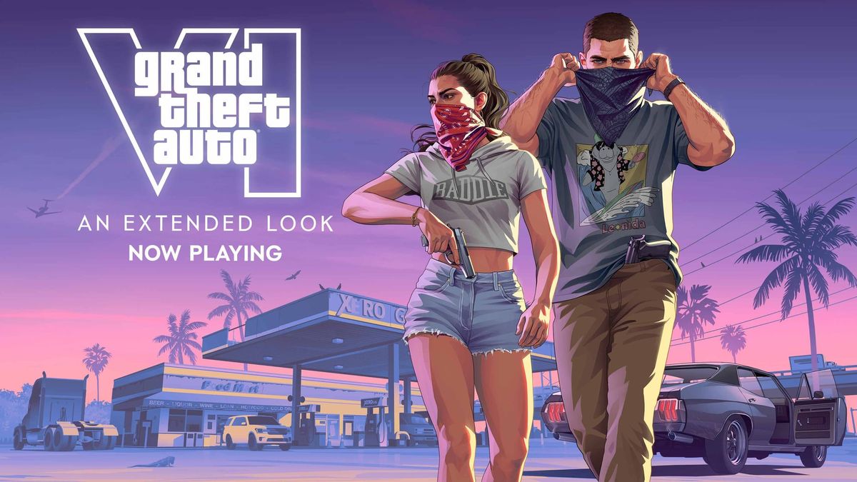 Jason and Lucia walk away from police cars in Rockstar’s GTA VI Extended Look artwork