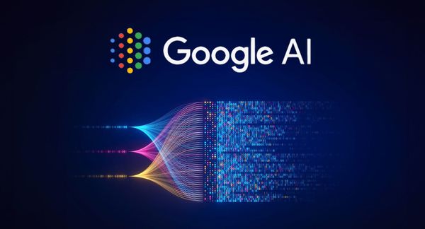 Google AI wordmark above coloured data streams converging into a digital model