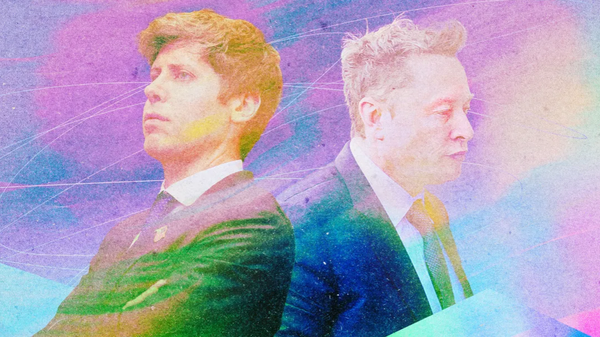 Sam Altman and Elon Musk against a multicoloured background