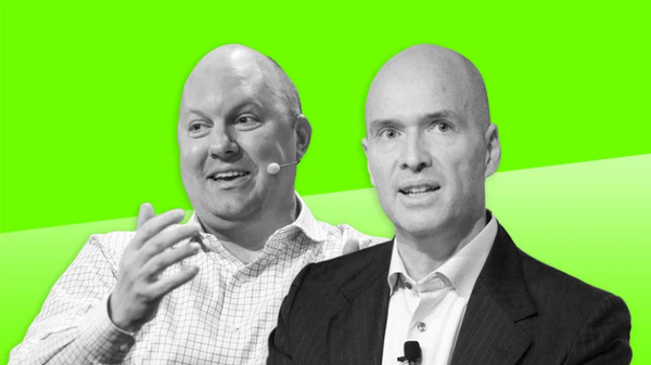 Black-and-white portraits of two Andreessen Horowitz partners on a bright green background