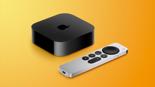 Apple TV 4K streaming box and remote on a yellow background