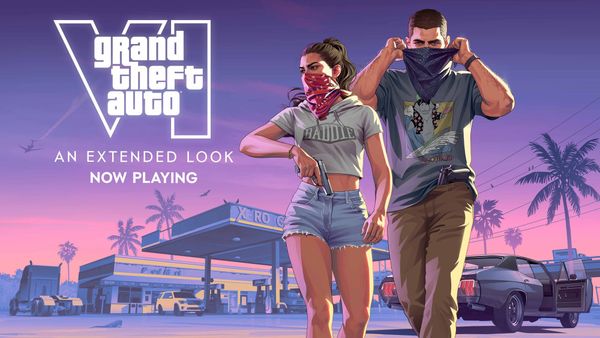 Jason and Lucia walk away from police cars in Rockstar’s GTA VI Extended Look artwork