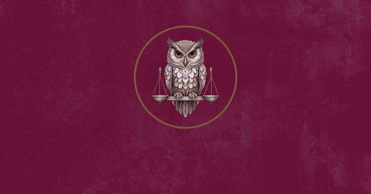 An sepia-ivory owl holding a set of scales, on a deep raspberry field.