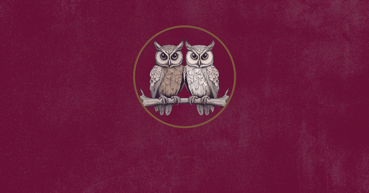 Two ivory owls side by side, on a deep raspberry field.