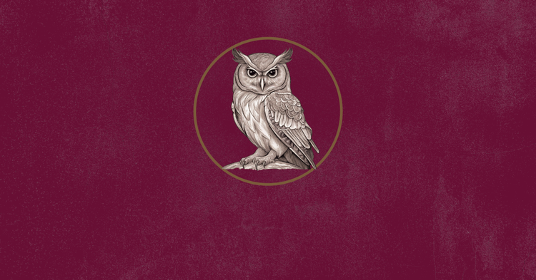 A small ivory owl on a deep raspberry field.