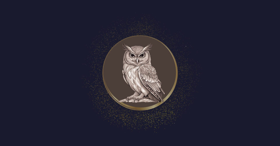 A sepia owl in a bronze disc ringed with gold, scattered with gold dust, on a near-black indigo field.
