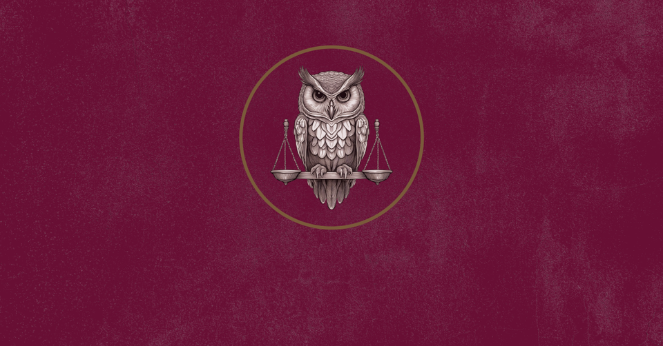 A sepia-ivory owl holding a set of scales, on a deep raspberry field.