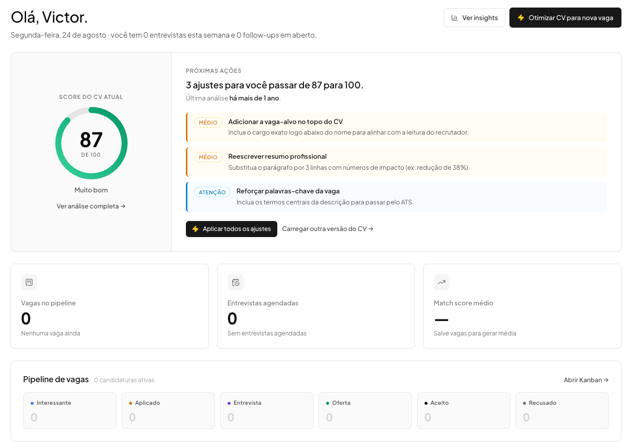 Painel do Matchz exibindo score 87 de 100 e três ajustes sugeridos para o currículo.
