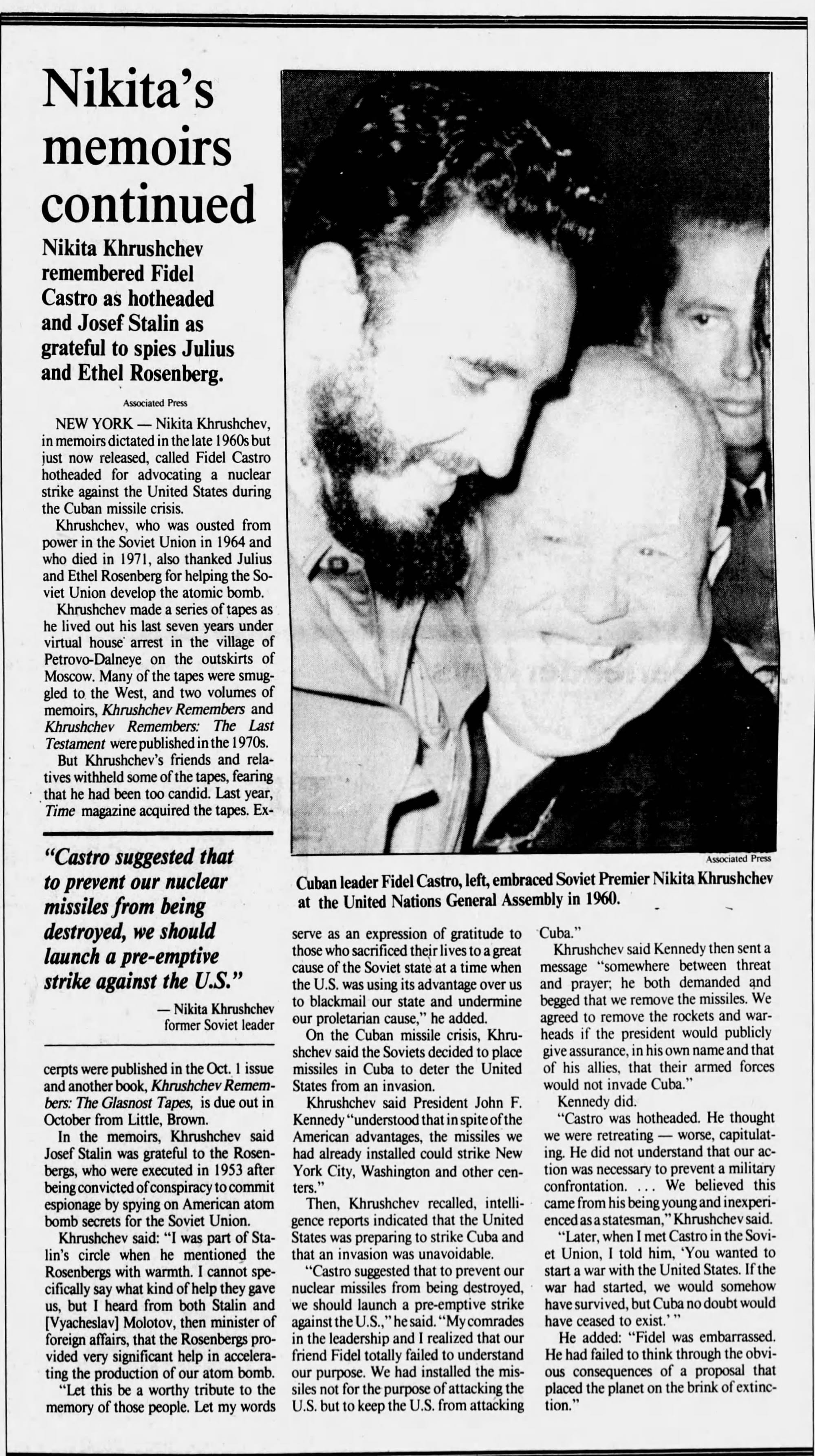 A 1990 newspaper page headlined "Nikita's memoirs continued," with a photograph of Fidel Castro embracing Nikita Khrushchev at the United Nations in 1960 and a pull quote reading "Castro suggested that to prevent our nuclear missiles from being destroyed, we should launch a pre-emptive strike against the U.S."