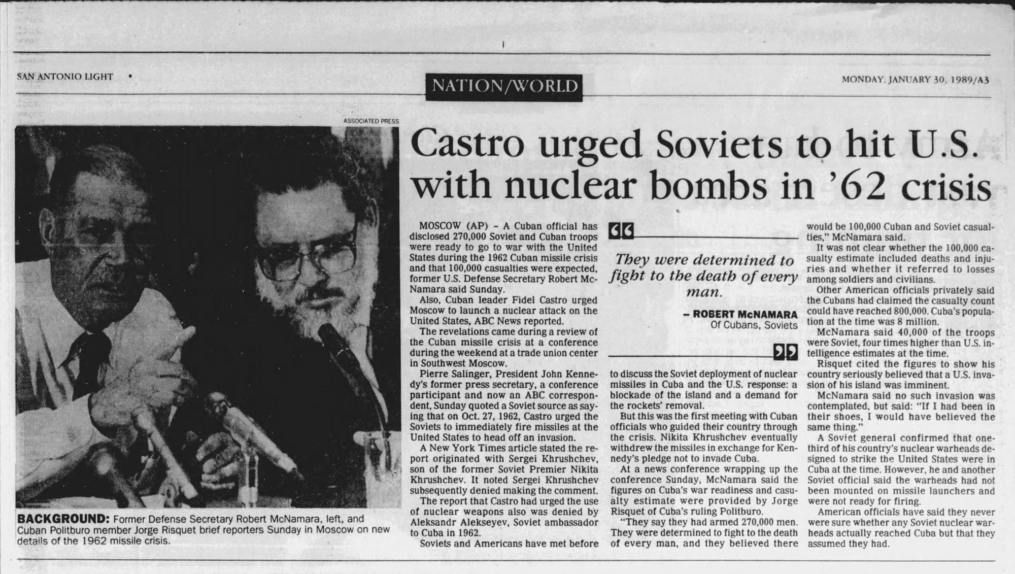 A 1989 newspaper page headlined "Castro urged Soviets to hit U.S. with nuclear bombs in '62 crisis," above a photograph of Robert McNamara and Jorge Risquet briefing reporters.