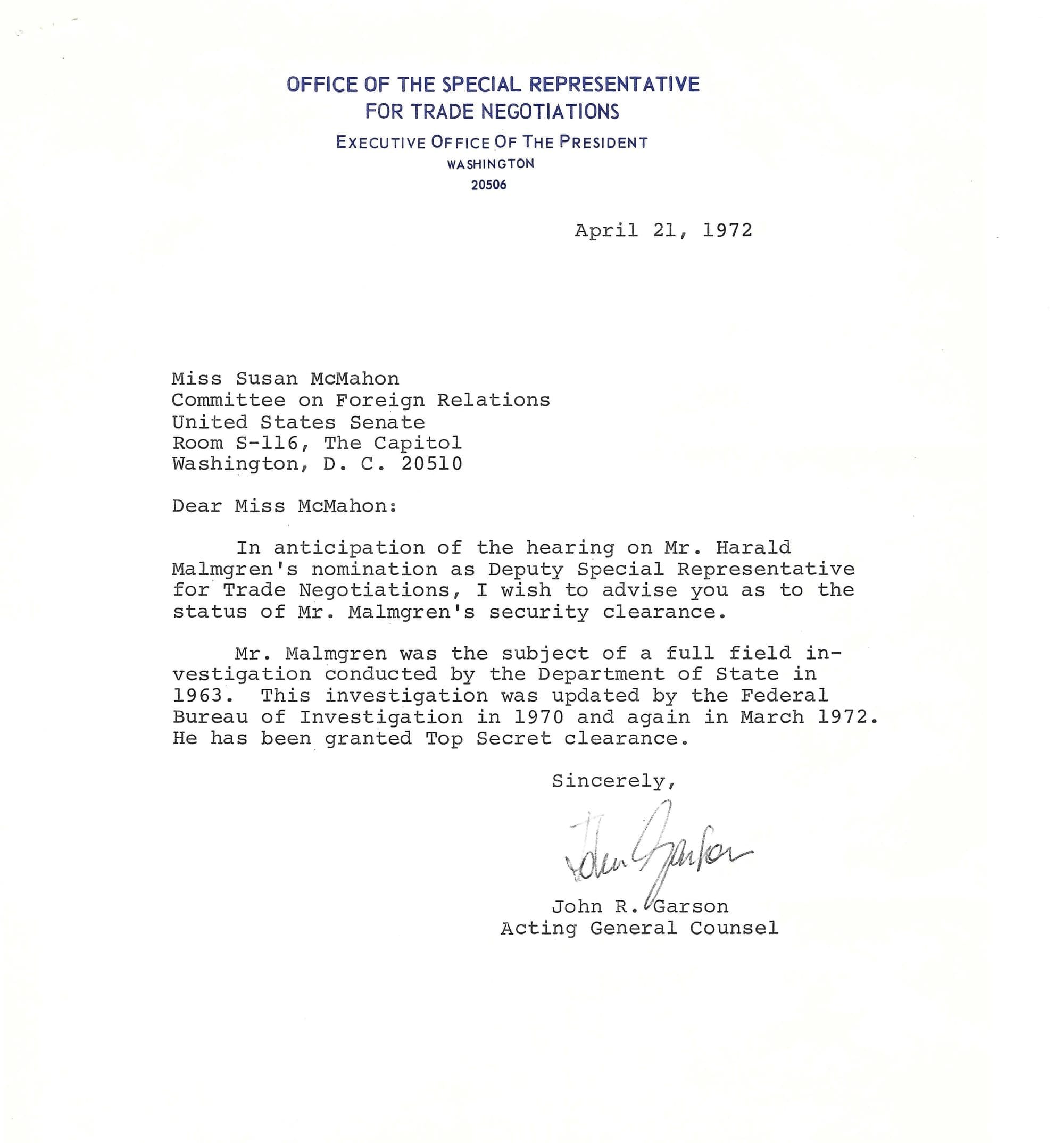 A four-sentence typed letter on Office of the Special Representative for Trade Negotiations letterhead, dated April 21, 1972, advising the Senate Foreign Relations Committee on the status of Harald Malmgren's security clearance.