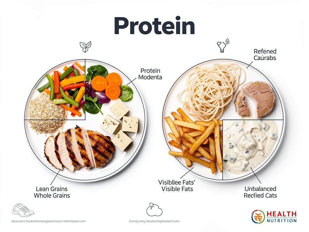 A visual comparison of a protein-rich meal plate versus a low-protein meal plate