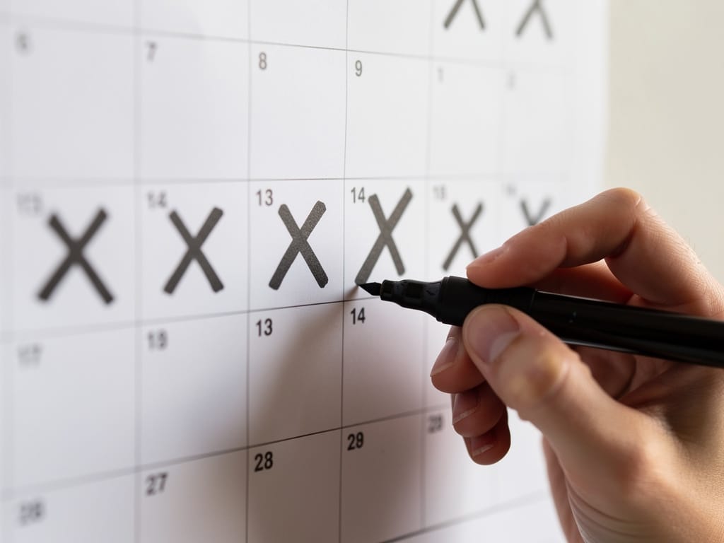 Hand marking a workout streak on a wall calendar