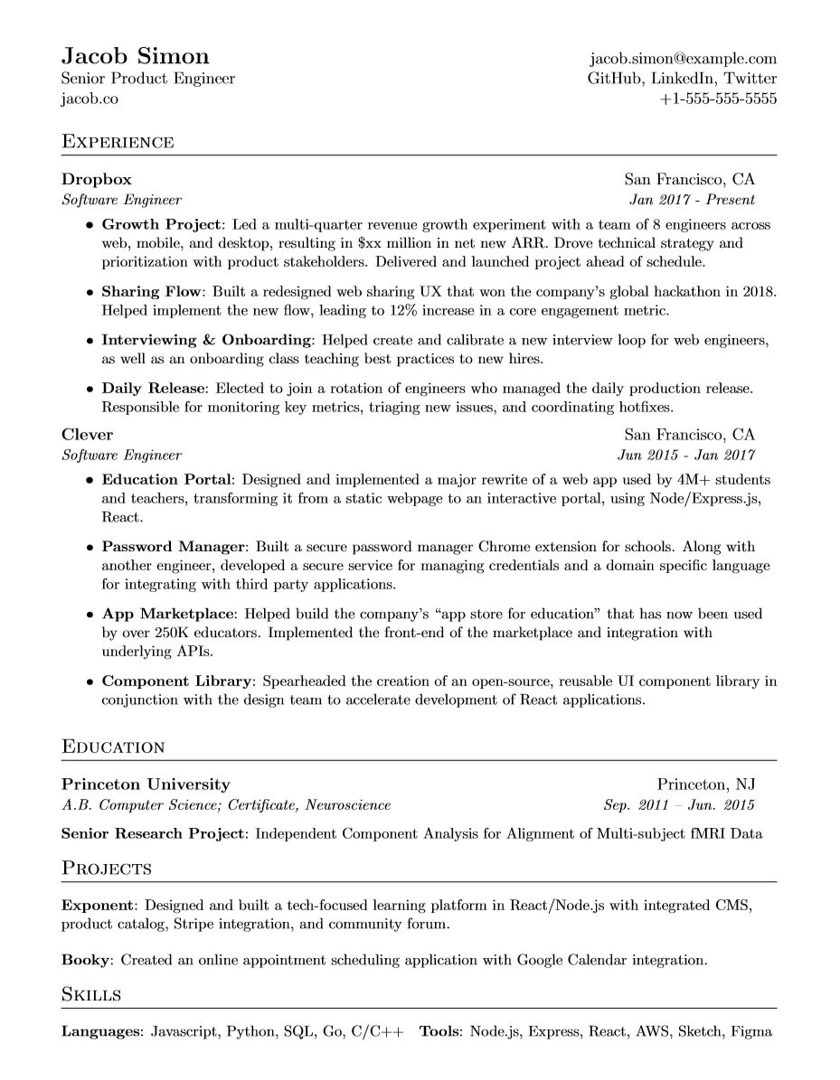 A software developer sample resume template for Dropbox.
