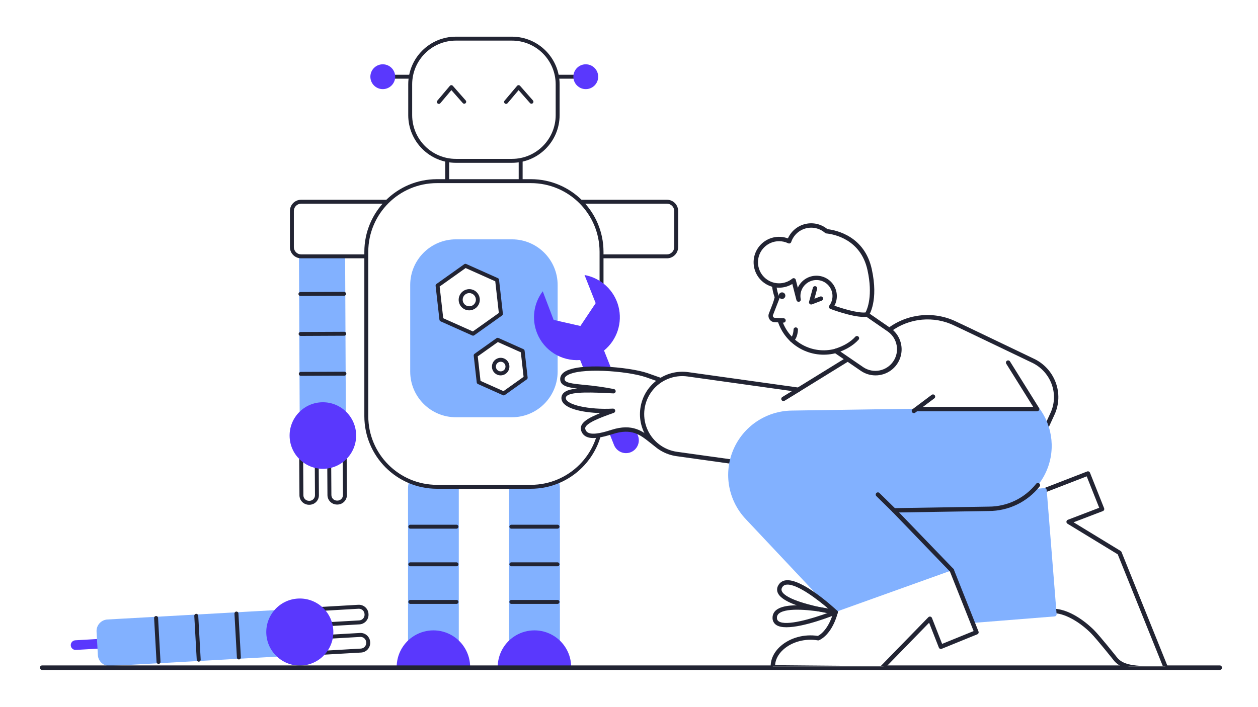 Illustrated drawing of a person using a wrench to fix a robot.
