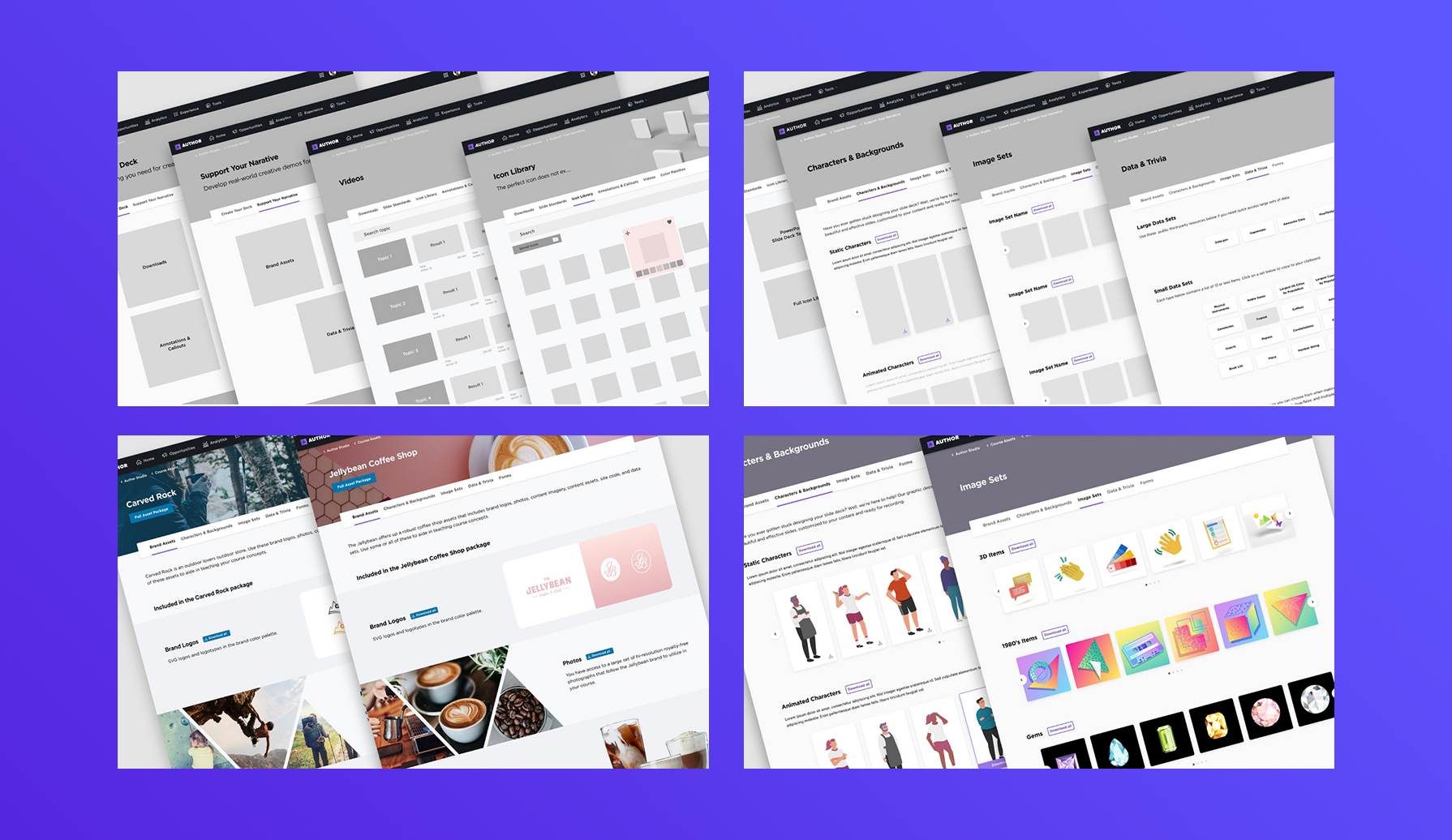 An overview of 4 panels from an example UX portfolio. It includes wireframes, design mockups, and insights from stakeholders.