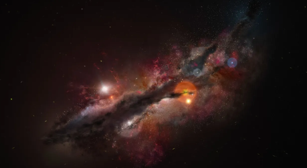 Scattered glimmers of light in space — a cosmic nebula with bright stars and warm glowing points across the dark.