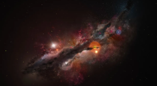 Scattered glimmers of light in space — a cosmic nebula with bright stars and warm glowing points across the dark.