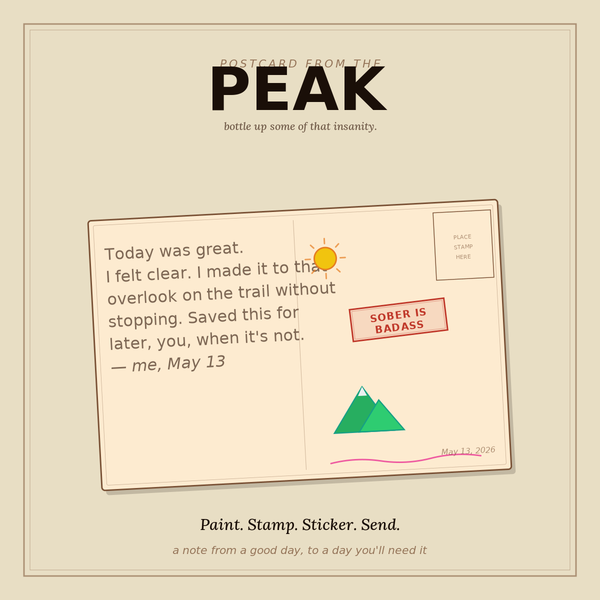 Card illustration of a vintage postcard for Postcard from the Peak.