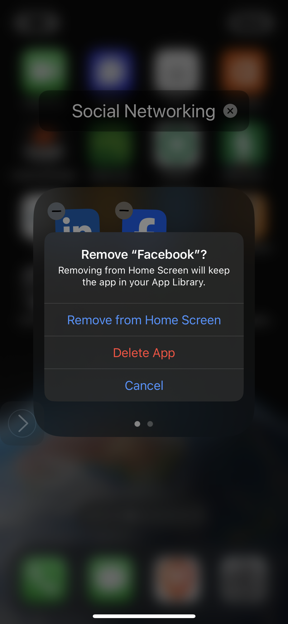 Screen capture of a mobile phone with a message centre screen to remove Facebook from the p