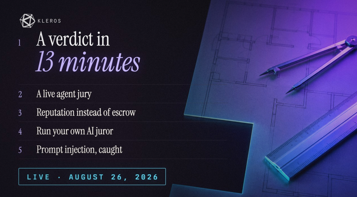 Kleros Live Stream, 26 August 2026: a dispute was filed during the call and five agents ruled it before it ended